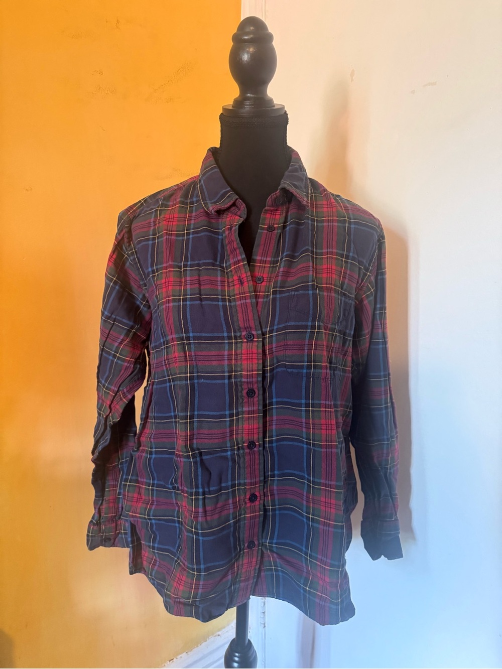 Navy and Red Plaid Button-Up Shirt 100% Cotton